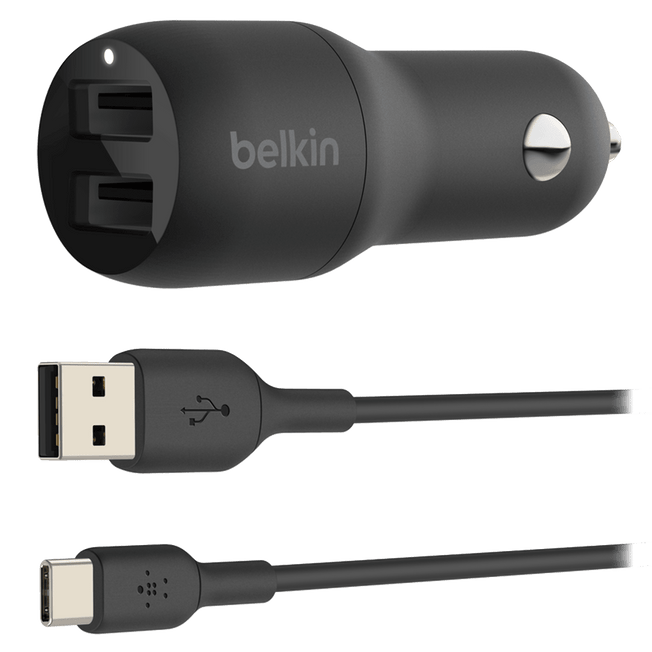 Belkin - Dual Port Usb A Car Charger 24w With Usb A To Usb C Cable 3ft - Black